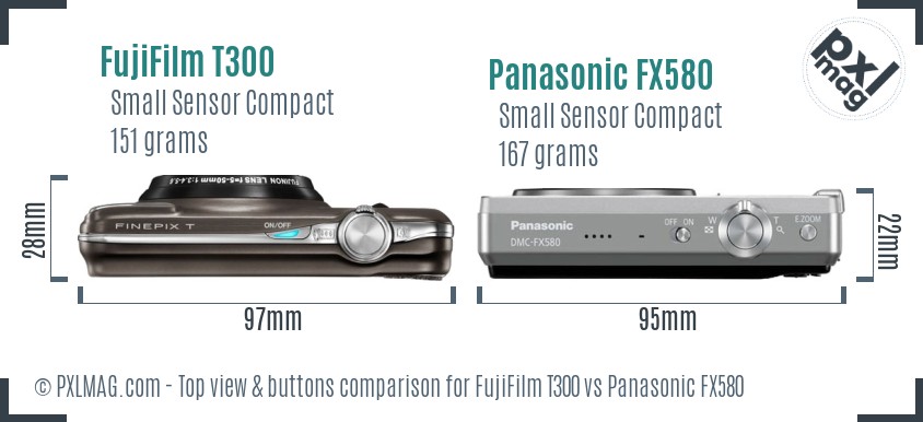 FujiFilm T300 vs Panasonic FX580 top view buttons comparison