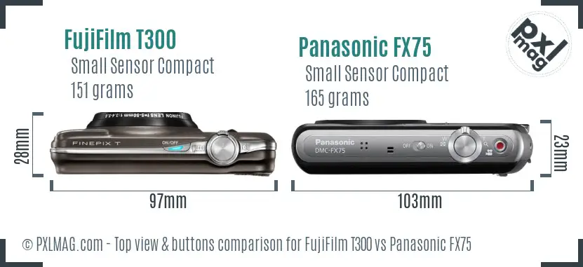 FujiFilm T300 vs Panasonic FX75 top view buttons comparison