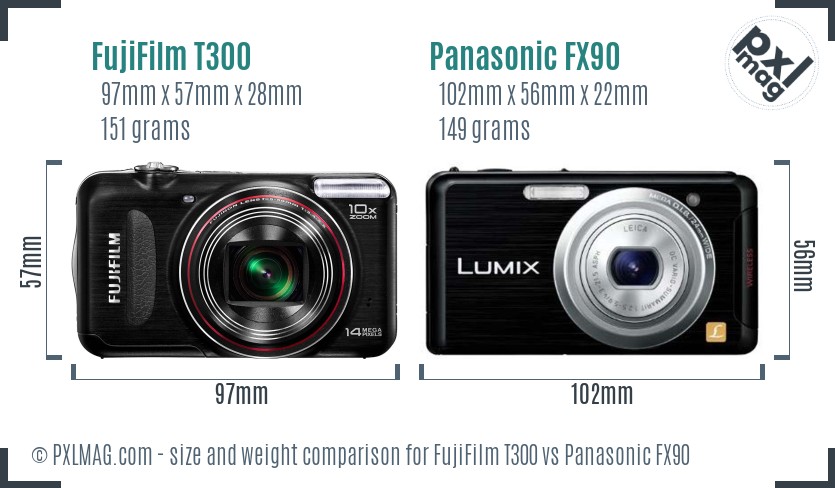 FujiFilm T300 vs Panasonic FX90 size comparison