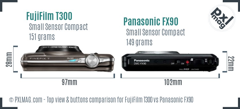 FujiFilm T300 vs Panasonic FX90 top view buttons comparison