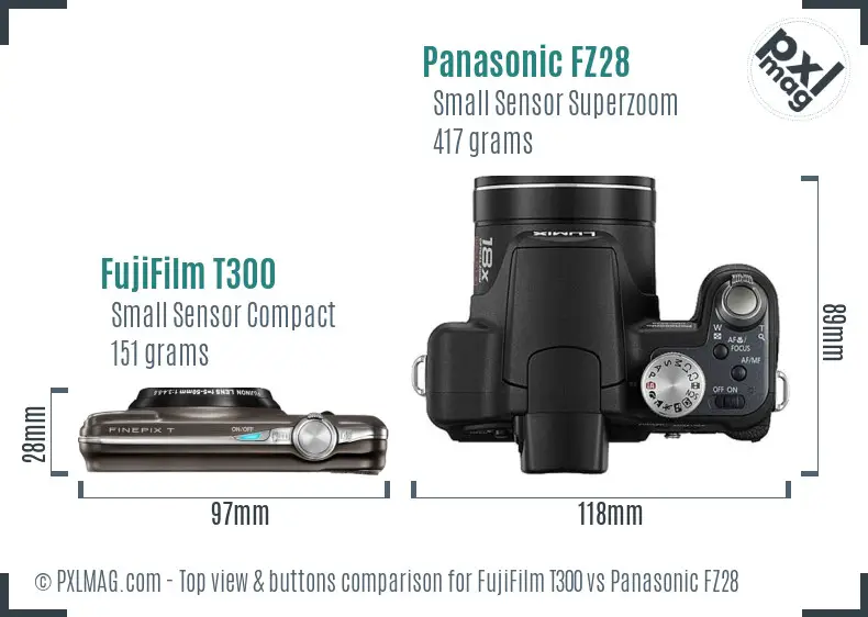 FujiFilm T300 vs Panasonic FZ28 top view buttons comparison