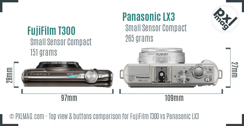 FujiFilm T300 vs Panasonic LX3 top view buttons comparison