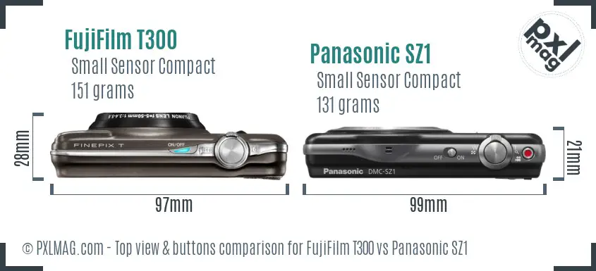 FujiFilm T300 vs Panasonic SZ1 top view buttons comparison FujiFilm T300 vs Panasonic SZ1 top view buttons comparison