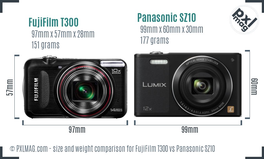 FujiFilm T300 vs Panasonic SZ10 size comparison