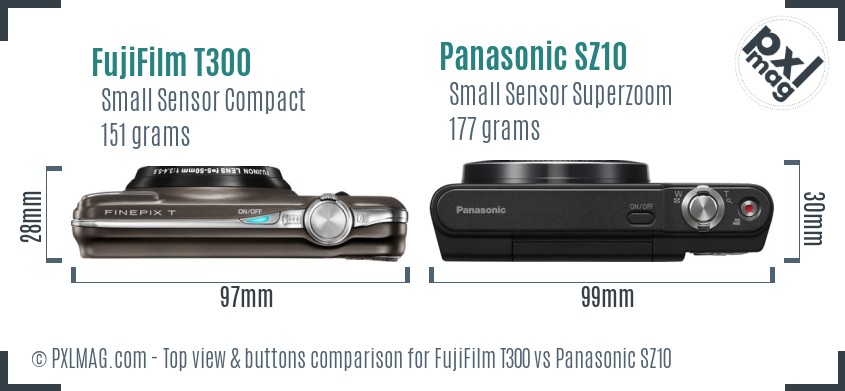 FujiFilm T300 vs Panasonic SZ10 top view buttons comparison