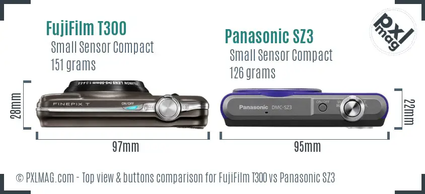 FujiFilm T300 vs Panasonic SZ3 top view buttons comparison FujiFilm T300 vs Panasonic SZ3 top view buttons comparison