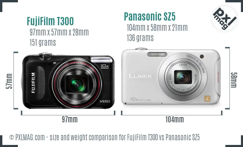 FujiFilm T300 vs Panasonic SZ5 size comparison