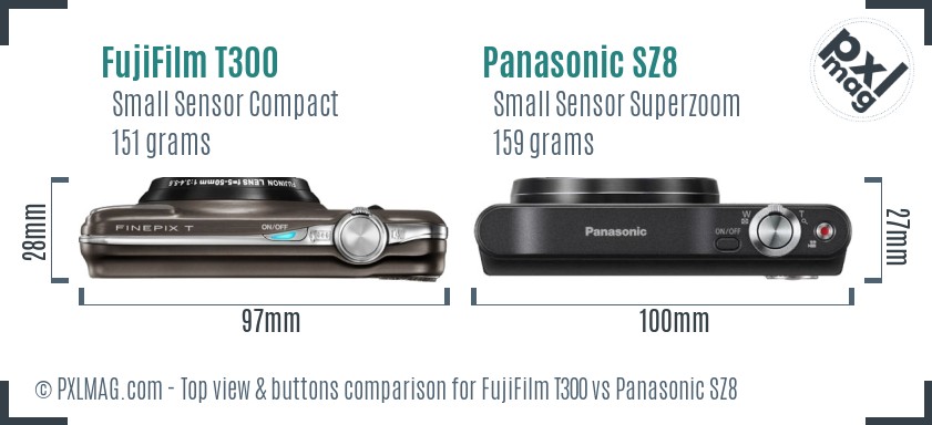 FujiFilm T300 vs Panasonic SZ8 top view buttons comparison
