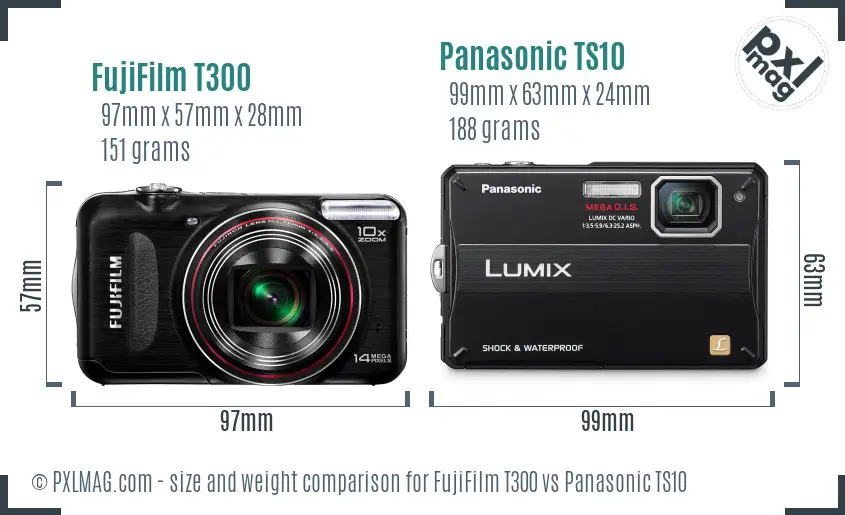 FujiFilm T300 vs Panasonic TS10 size comparison