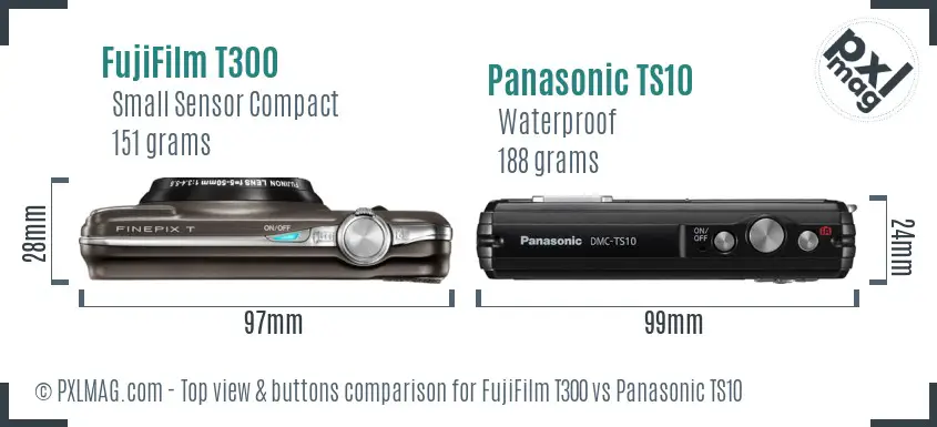 FujiFilm T300 vs Panasonic TS10 top view buttons comparison