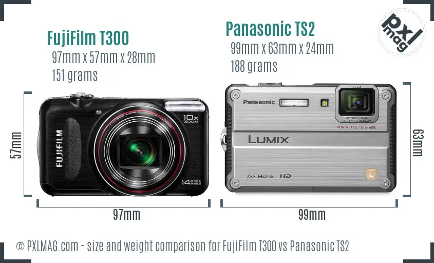 FujiFilm T300 vs Panasonic TS2 size comparison