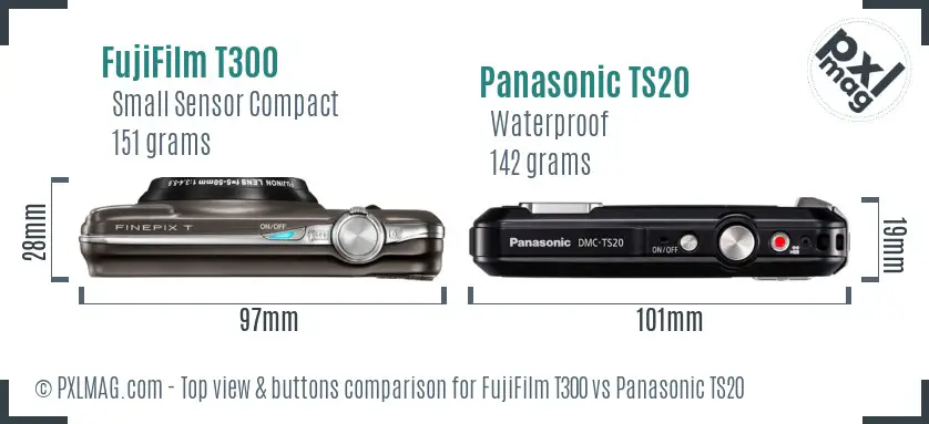 FujiFilm T300 vs Panasonic TS20 top view buttons comparison
