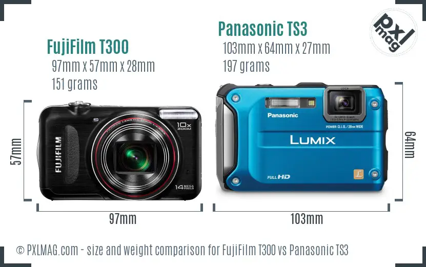 FujiFilm T300 vs Panasonic TS3 size comparison