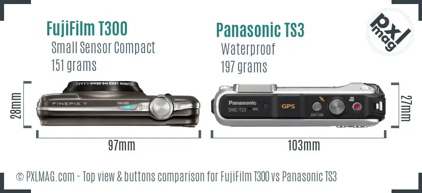 FujiFilm T300 vs Panasonic TS3 top view buttons comparison