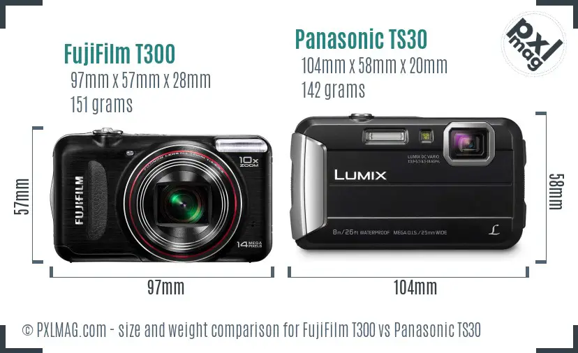 FujiFilm T300 vs Panasonic TS30 size comparison