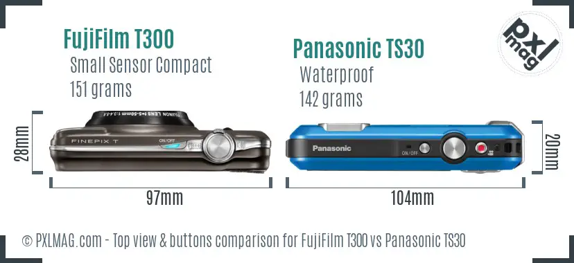 FujiFilm T300 vs Panasonic TS30 top view buttons comparison