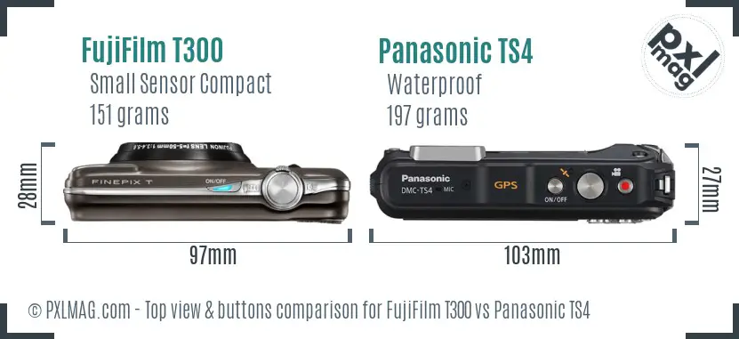 FujiFilm T300 vs Panasonic TS4 top view buttons comparison