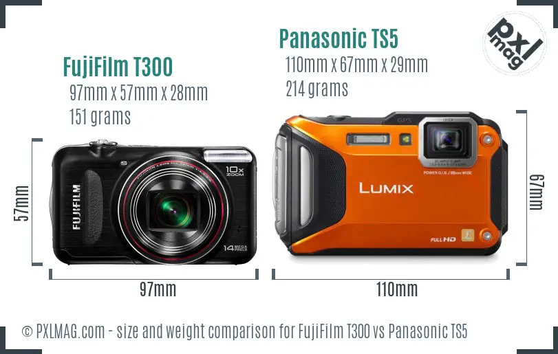 FujiFilm T300 vs Panasonic TS5 size comparison