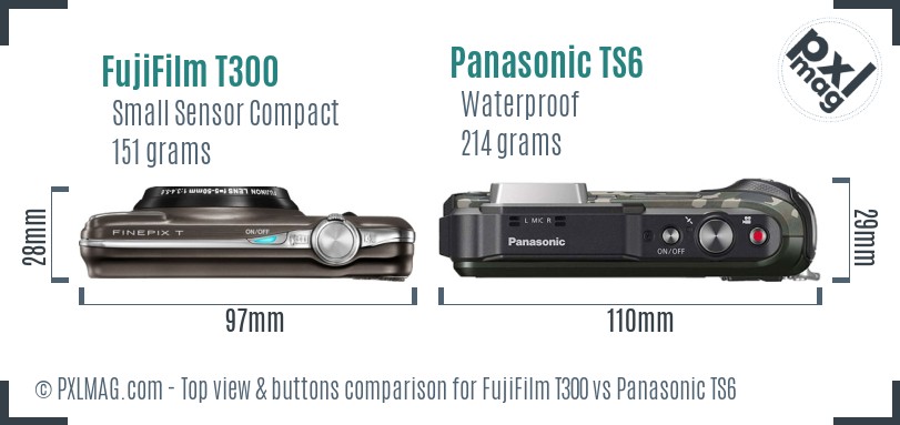 FujiFilm T300 vs Panasonic TS6 top view buttons comparison