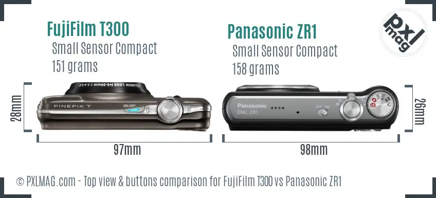 FujiFilm T300 vs Panasonic ZR1 top view buttons comparison FujiFilm T300 vs Panasonic ZR1 top view buttons comparison