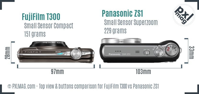 FujiFilm T300 vs Panasonic ZS1 top view buttons comparison