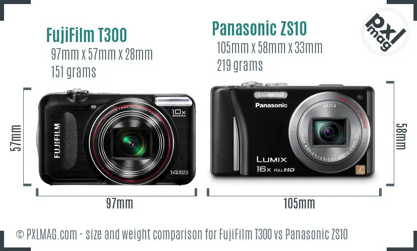 FujiFilm T300 vs Panasonic ZS10 size comparison