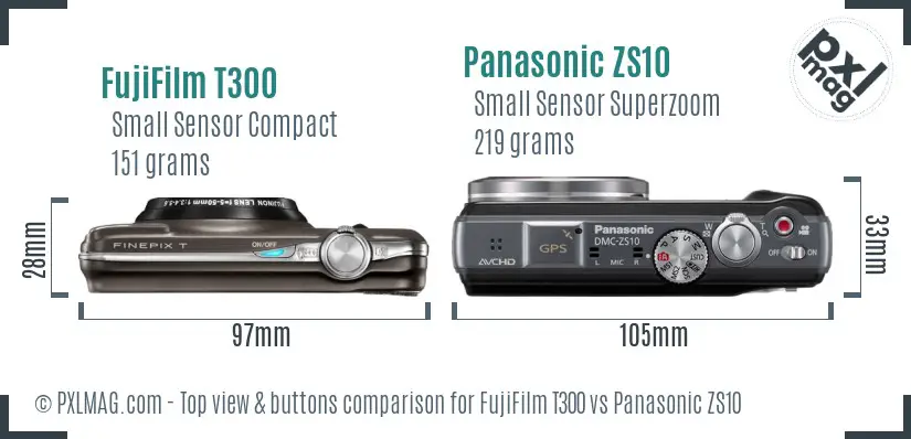 FujiFilm T300 vs Panasonic ZS10 top view buttons comparison