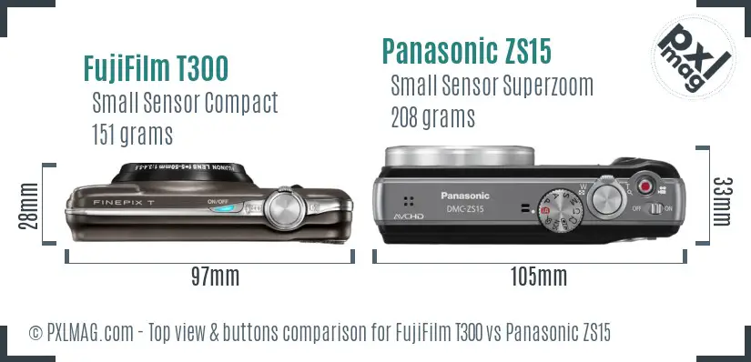 FujiFilm T300 vs Panasonic ZS15 top view buttons comparison FujiFilm T300 vs Panasonic ZS15 top view buttons comparison
