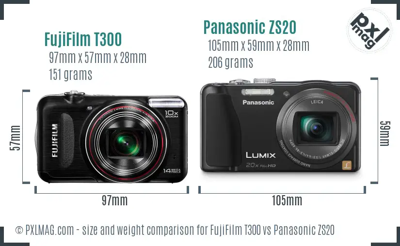 FujiFilm T300 vs Panasonic ZS20 size comparison