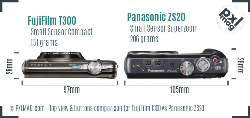 FujiFilm T300 vs Panasonic ZS20 top view buttons comparison