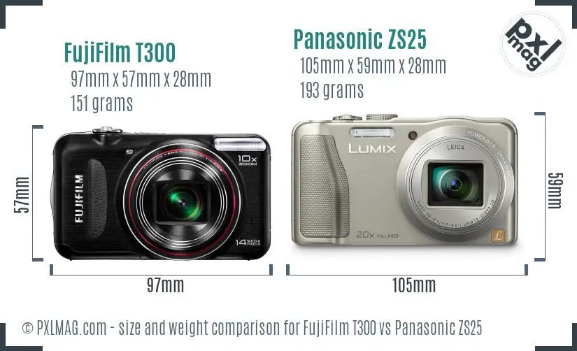 FujiFilm T300 vs Panasonic ZS25 size comparison