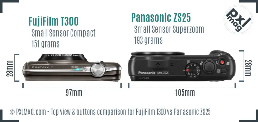 FujiFilm T300 vs Panasonic ZS25 top view buttons comparison