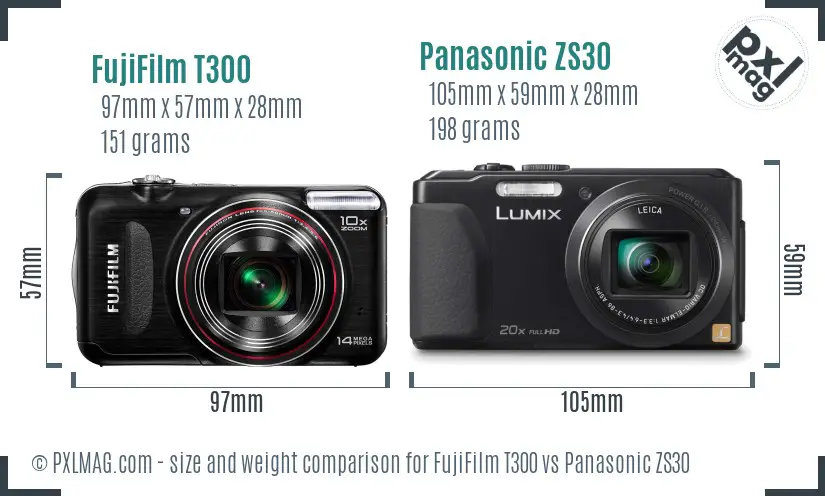 FujiFilm T300 vs Panasonic ZS30 size comparison