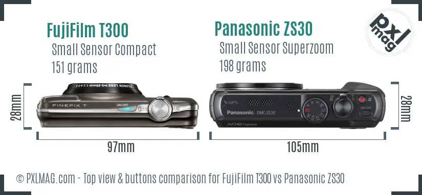 FujiFilm T300 vs Panasonic ZS30 top view buttons comparison