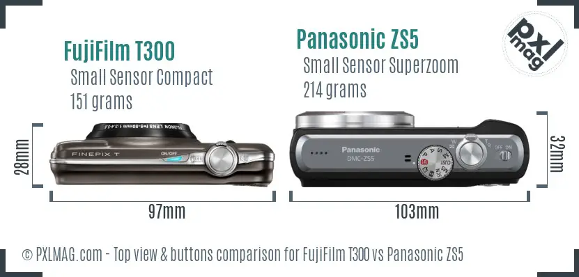 FujiFilm T300 vs Panasonic ZS5 top view buttons comparison FujiFilm T300 vs Panasonic ZS5 top view buttons comparison
