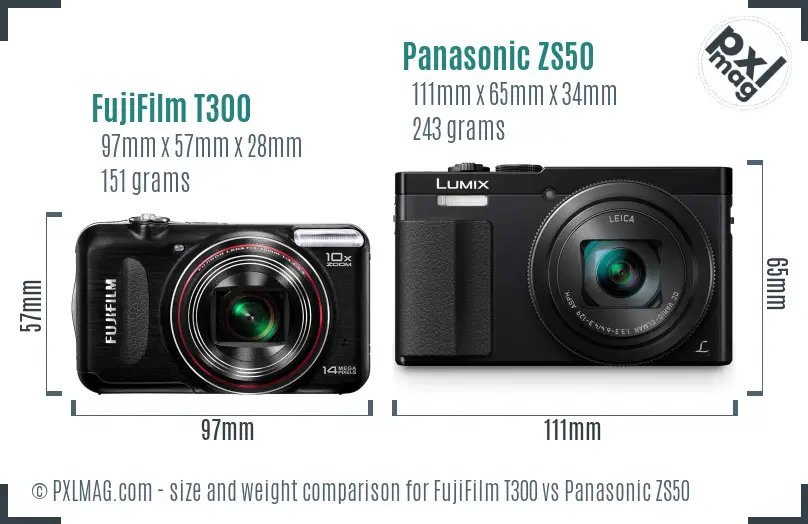 FujiFilm T300 vs Panasonic ZS50 size comparison