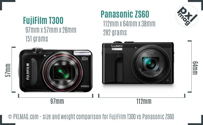 FujiFilm T300 vs Panasonic ZS60 size comparison