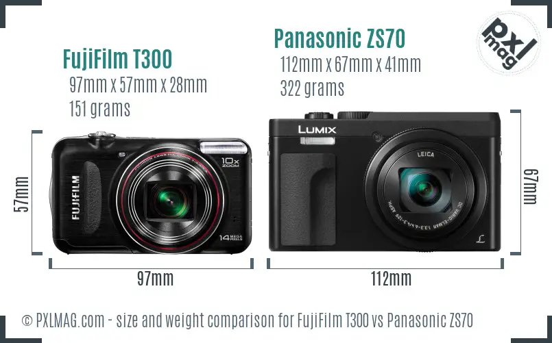 FujiFilm T300 vs Panasonic ZS70 size comparison