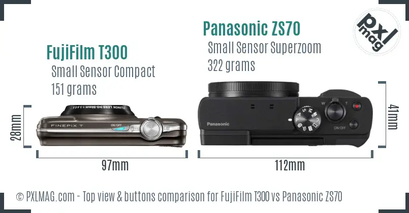 FujiFilm T300 vs Panasonic ZS70 top view buttons comparison