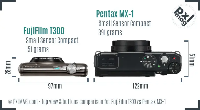FujiFilm T300 vs Pentax MX-1 top view buttons comparison