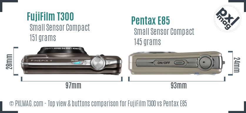 FujiFilm T300 vs Pentax E85 top view buttons comparison