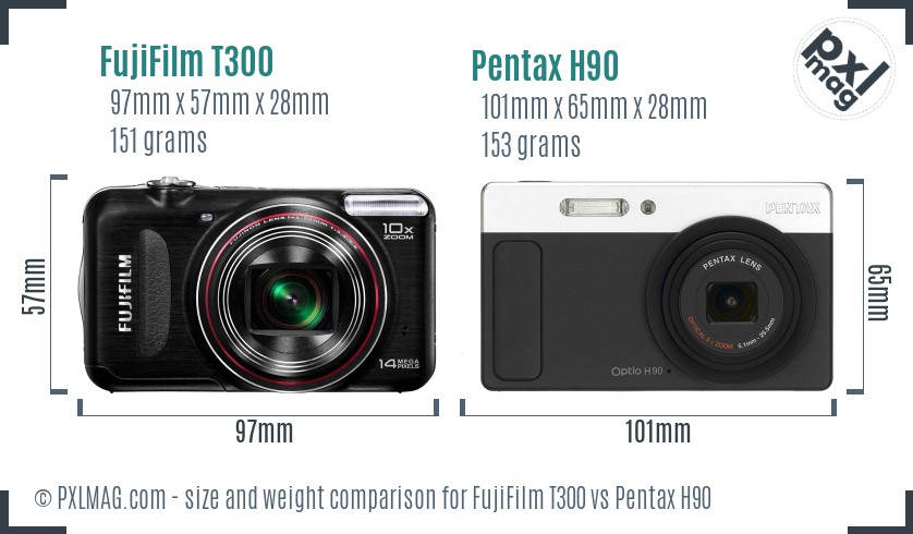 FujiFilm T300 vs Pentax H90 size comparison