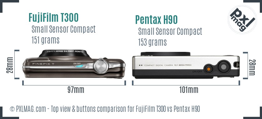 FujiFilm T300 vs Pentax H90 top view buttons comparison