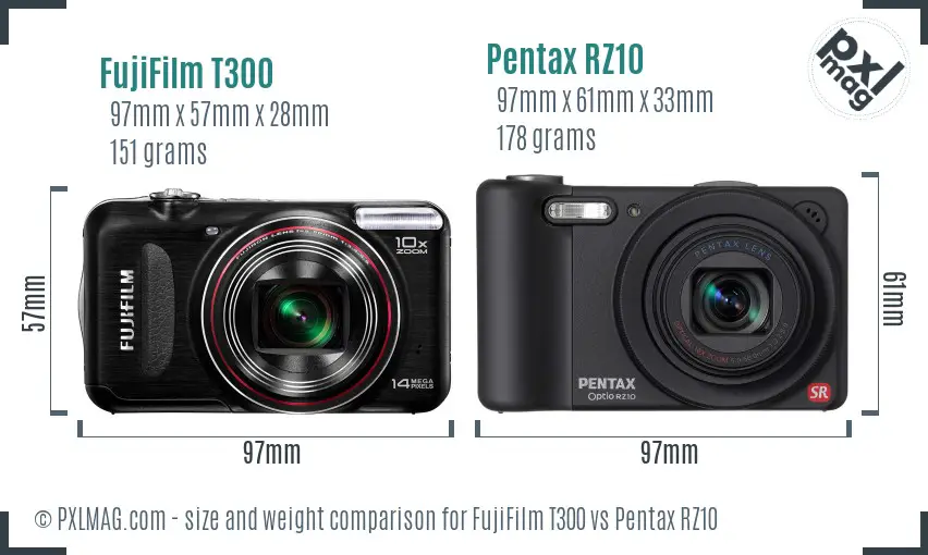 FujiFilm T300 vs Pentax RZ10 size comparison