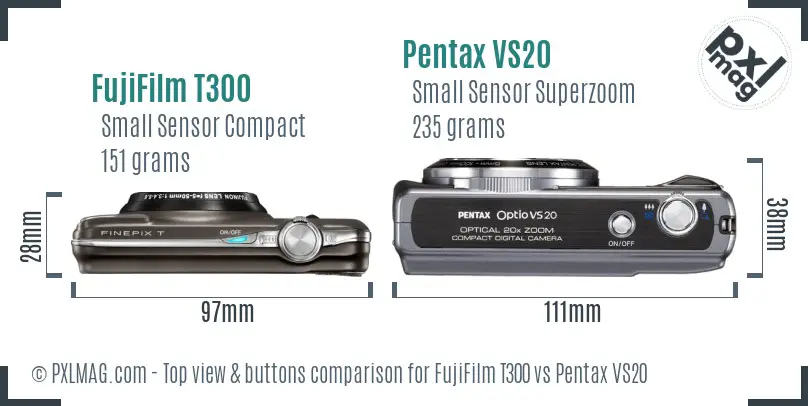 FujiFilm T300 vs Pentax VS20 top view buttons comparison FujiFilm T300 vs Pentax VS20 top view buttons comparison