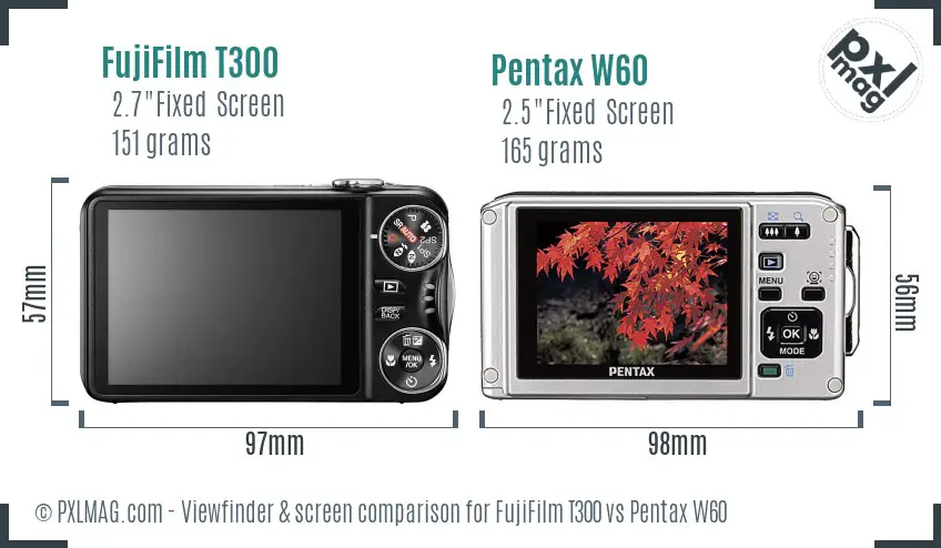 FujiFilm T300 vs Pentax W60 Screen and Viewfinder comparison