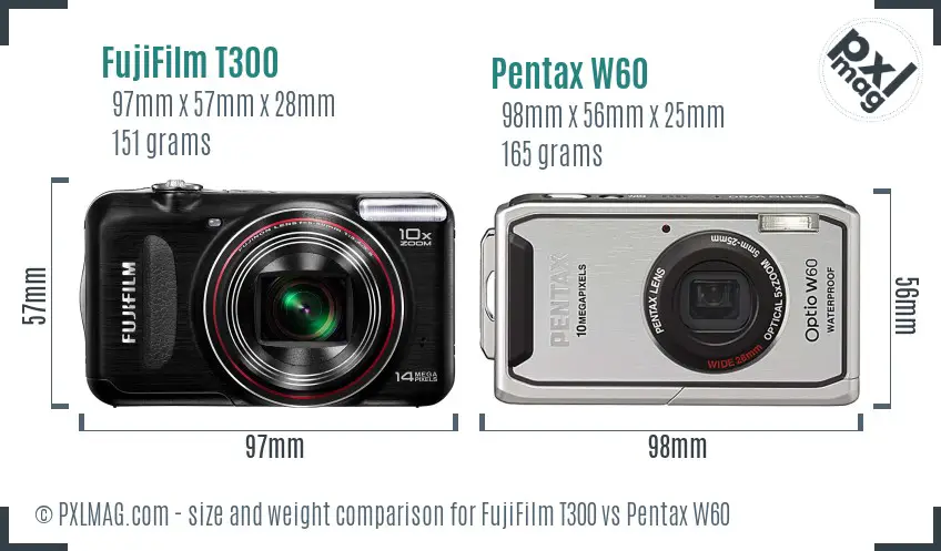 FujiFilm T300 vs Pentax W60 size comparison