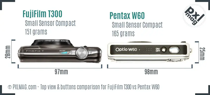 FujiFilm T300 vs Pentax W60 top view buttons comparison