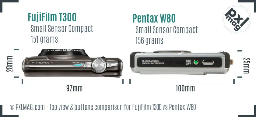 FujiFilm T300 vs Pentax W80 top view buttons comparison FujiFilm T300 vs Pentax W80 top view buttons comparison