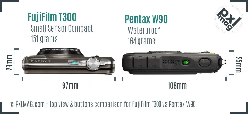 FujiFilm T300 vs Pentax W90 top view buttons comparison